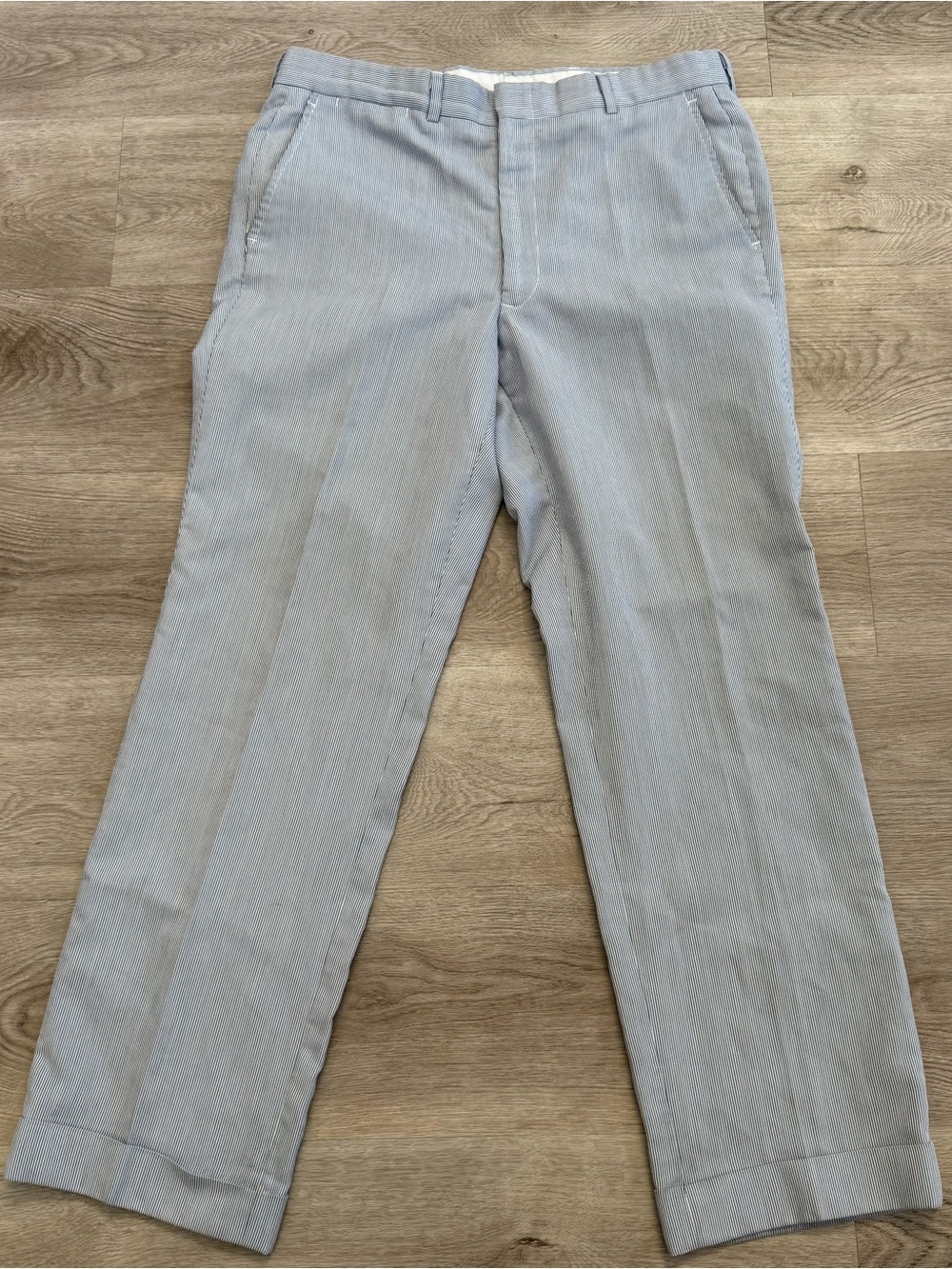 Vintage 70s USA Made High Waist Hickory Stripe Chino Talon Zip Cuff Pants 34x29
